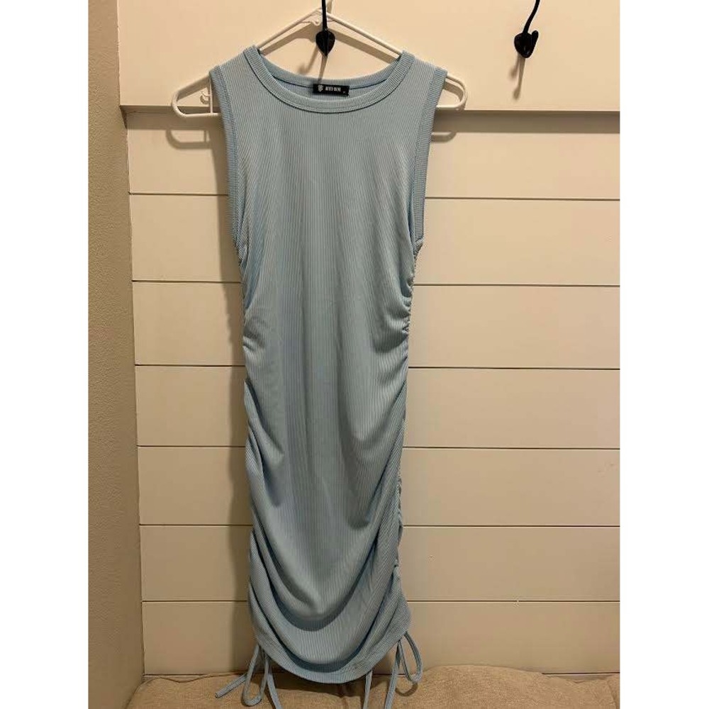 BTFBM Womens Ribbed Bodycon Dress Light Blue Ruched Side Drawstring Sleeveless M